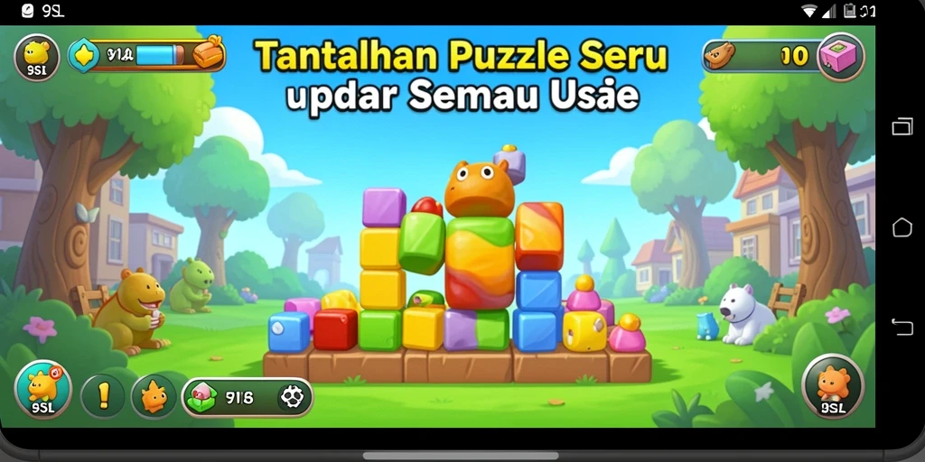 Screenshot gameplay 9SL menampilkan dunia Puzzle yang penuh warna dan menarik.