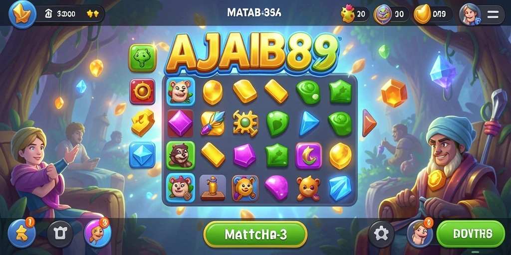 Tangkapan layar permainan AJAIB88 menunjukkan kombinasi warna-warni di gameplay Match-3.