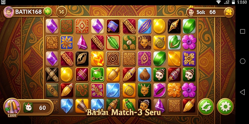 Gameplay BATIK168 menunjukkan berbagai pola batik yang bisa dicocokkan.