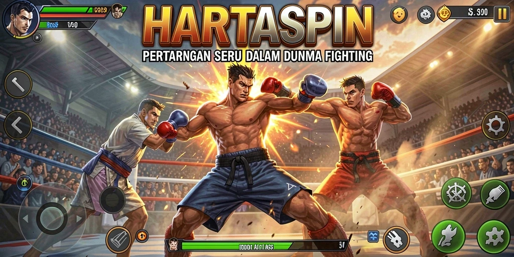 Tampilan gameplay HARTASPIN dengan pertarungan yang menegangkan dan aksi luar biasa.