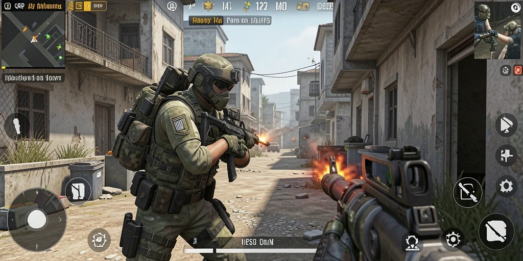 Tangkapan layar gameplay QQRP yang menampilkan aksi tembak-menembak yang intens.