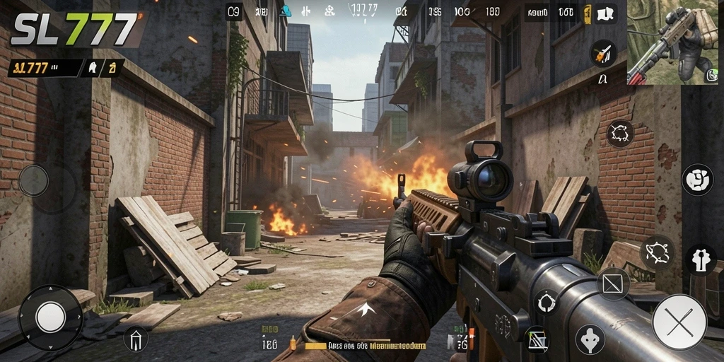 Tangkapan layar SL777 menampilkan aksi menembak yang intens dalam pertempuran FPS.